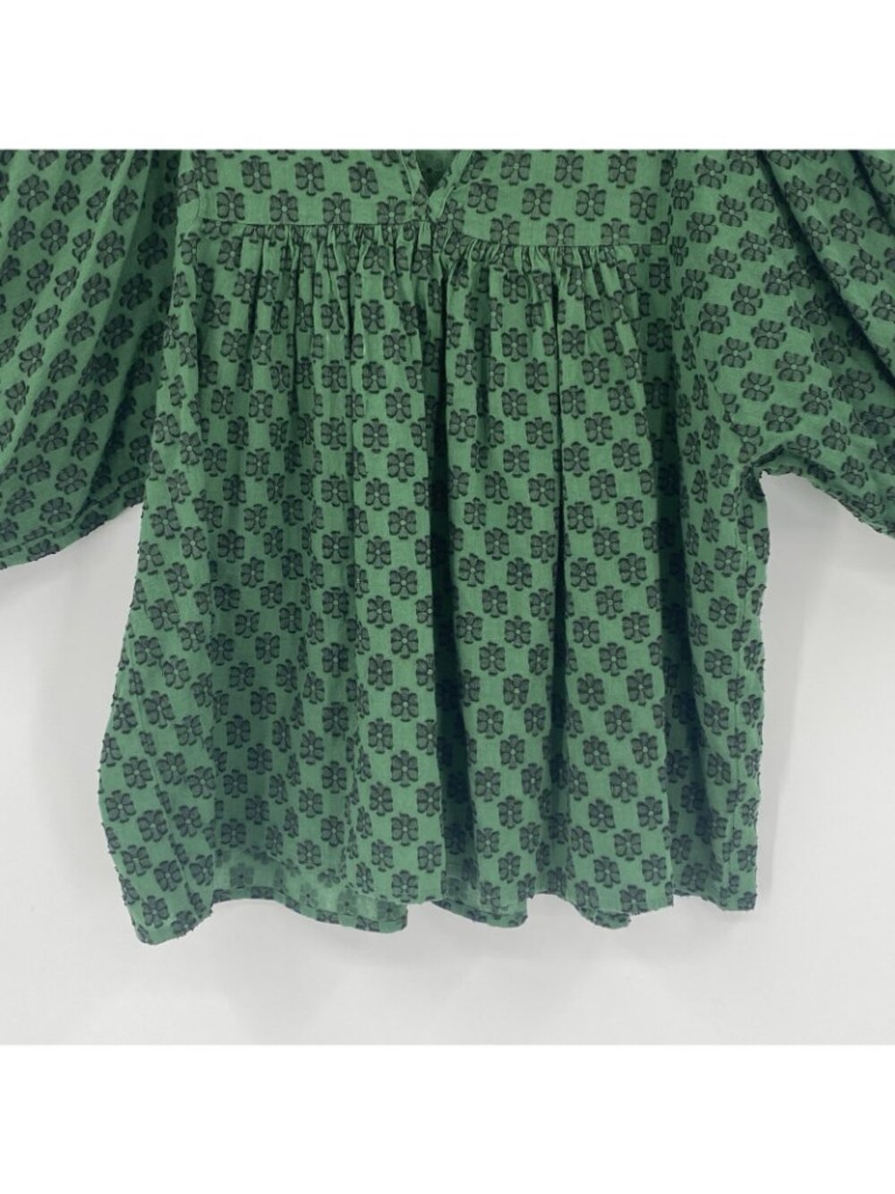Never A Wallflower Ruffle High Neck Top Size M Green Leaf Embossed Boho Peasant - Picture 7 of 10